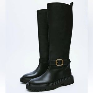ZARA BLACK FLAT LEATHER RIDING BOOTS WITH GOLD BUCKLE NWT
